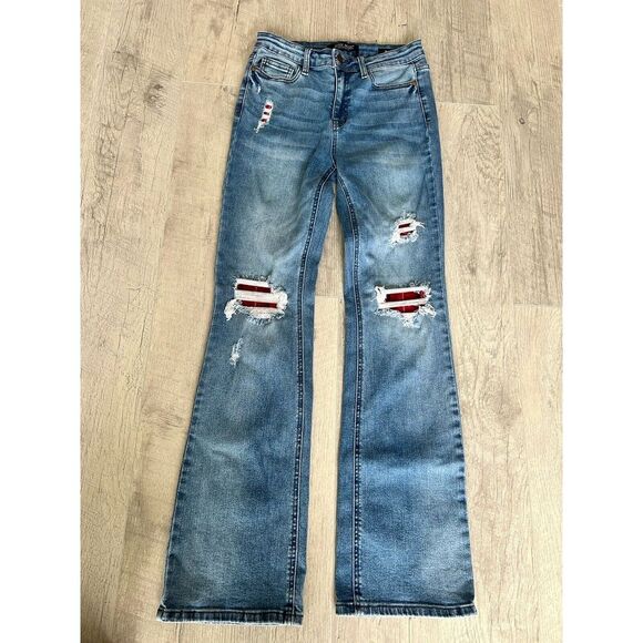 Judy Blue Denim - Judy Blue Womens 5/27 Mid Rise Bootcut Jeans Red Plaid Patch 88696